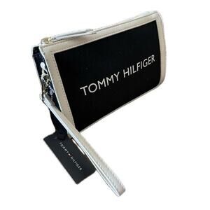 TOMMY HILFIGER WRISTLET CLUTCH BAG NAVY WHITE LOGO COSMETIC BAG